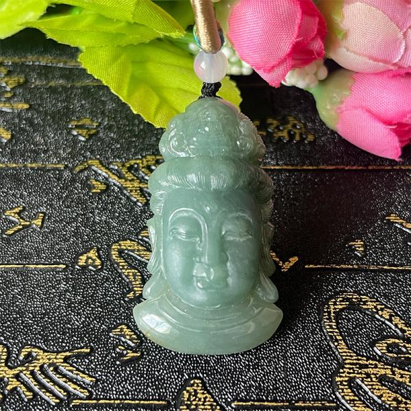 天然翡翠油青观音头像吊坠